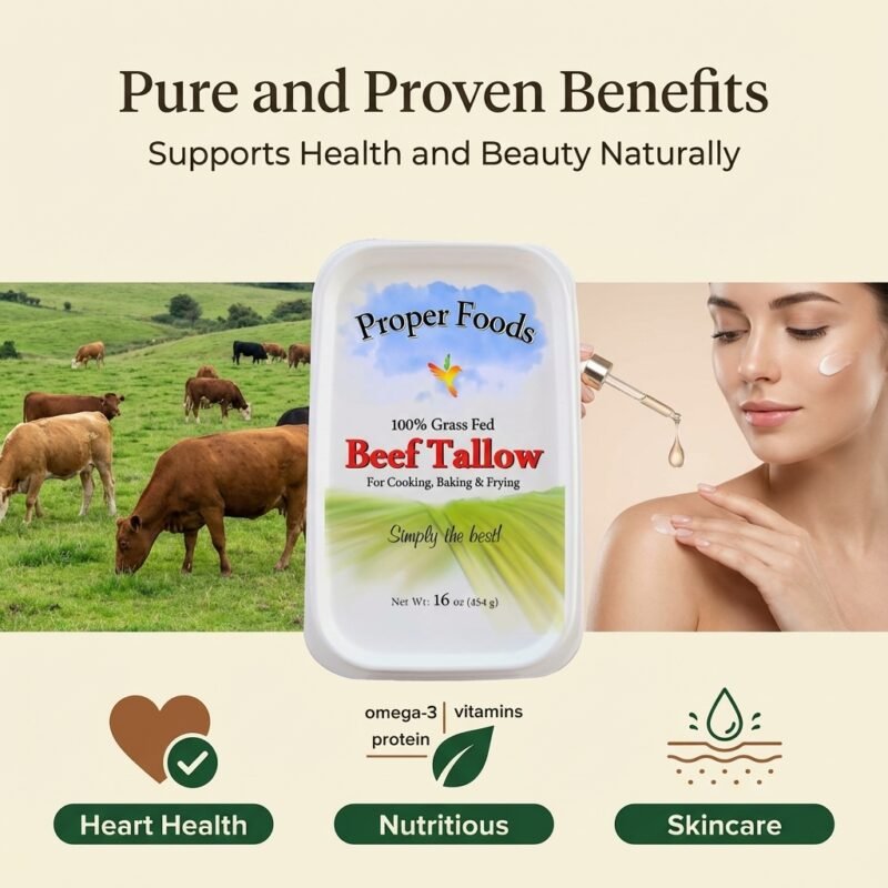Packaging of Proper Foods Beef Tallow is prominently displayed, surrounded by grazing cattle and a woman applying skincare. Emphasizes health benefits and versatility.