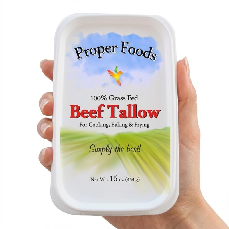 A hand holding a container of "Proper Foods 100% Grass Fed Beef Tallow" with colorful farm imagery.