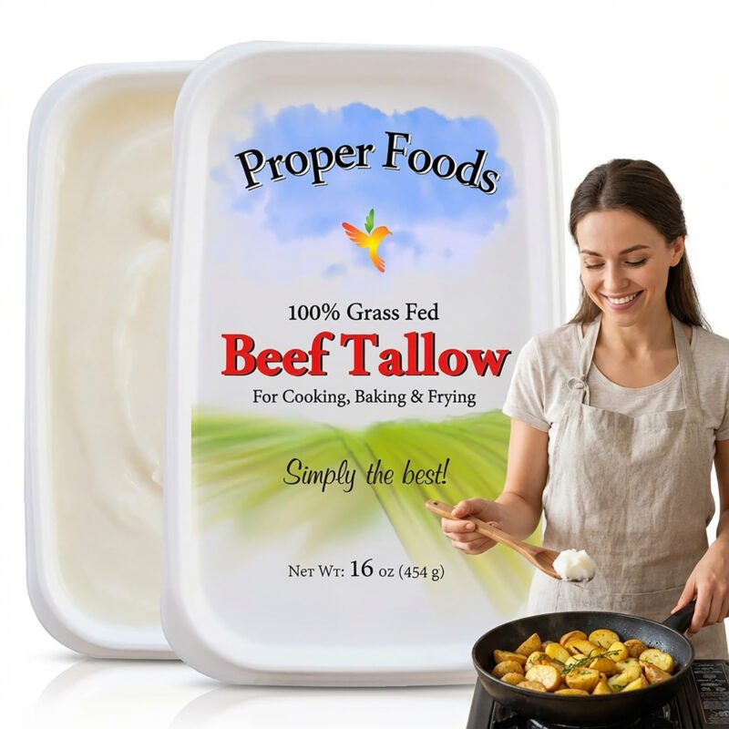 Packaging of Proper Foods 100% Grass Fed Beef Tallow is shown, with a smiling woman beside it, cooking vegetables in a skillet.