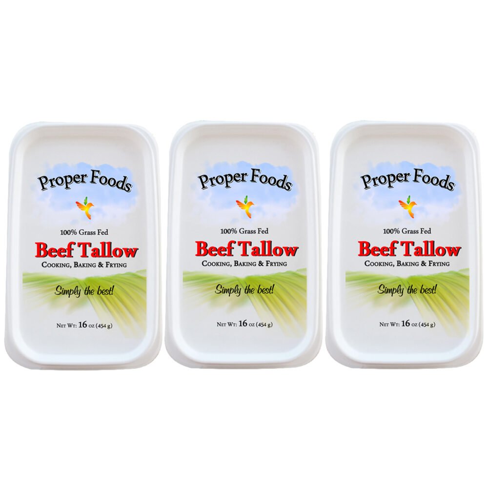Proper Food’s - 100% Grass-Fed Beef Tallow – Pasture Raised – for Cooking, Baking and Frying – 16 oz (Pack of 3)