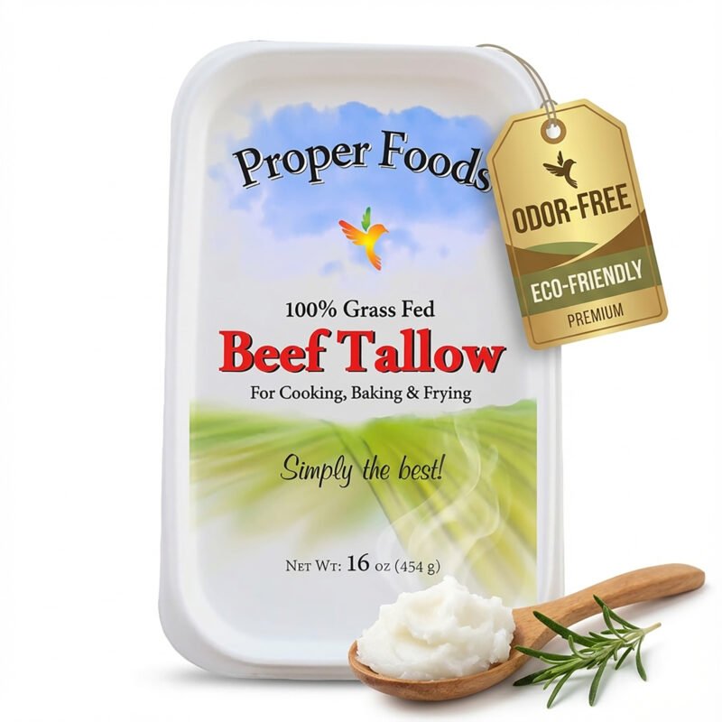 Packaging of Proper Foods Beef Tallow, labeled "100% Grass Fed" and "Odor-Free." Includes rosemary, spoon, and eco-friendly tag.